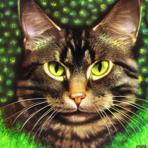 Prompt: portrait of a very fluffy dark tabby cat with green eyes, starlight, full body, smiling cat, golden colors, flowers, canned cat food, intricate, elegant, highly detailed, smooth, sharp focus, illustration, art by gustav klimt