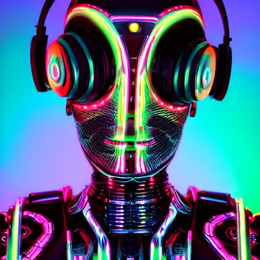 Image similar to a glossy claymodel of a cyberpunk aztec futurism robot head with glowing headphones, 8 k, symetrical, flourescent colors, halluzinogenic, multicolored, very detailed, black background, 3 d render,