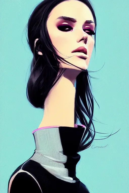 Prompt: a ultradetailed painting of a stylish woman wearing a black turtleneck by conrad roset, greg rutkowski and makoto shinkai trending on artstation