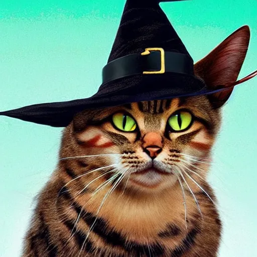 Image similar to beautiful artistic work of art realistic cinematic masterpiece where a cat comes out with a witch hat