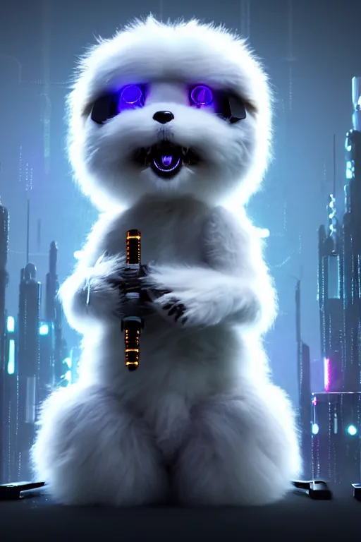 Prompt: high quality 3 d render very cute fluffy cyborg!! dog! plays drums, cyberpunk highly detailed, unreal engine cinematic smooth, in the style of blade runner & detective pikachu, hannah yata charlie immer, moody light, low angle, uhd 8 k, sharp focus