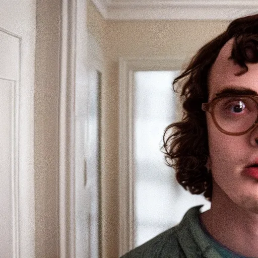 Prompt: a cinematic film still of Jack Harlow starring in The Shining, portrait, 40mm lens, shallow depth of field, close up, split lighting, cinematic