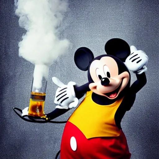 Image similar to mickey mouse exhaling a large hit from his bong, award winning surreal photography