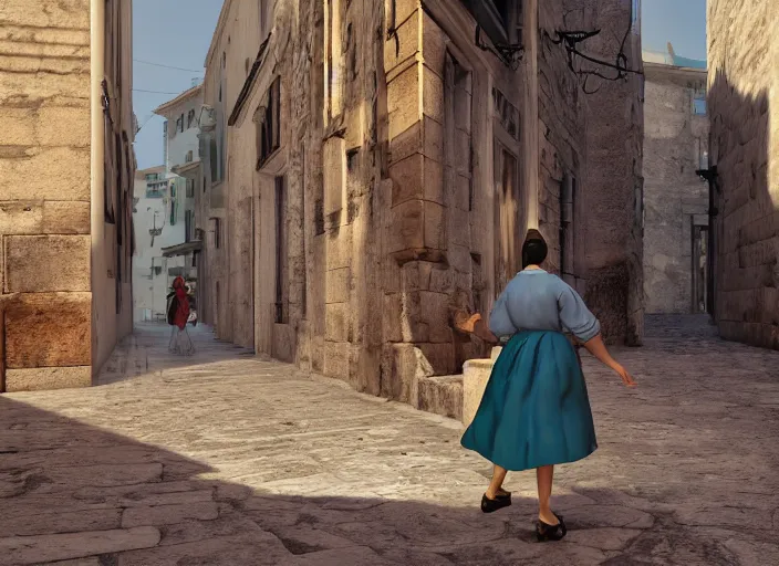 Image similar to a woman in a fed skirt walking the narrow streets of athens, painted by, mc escher, gordon onslow ford, georgia o'keeffe and ivan aivazovsky, cinematic light, god rays, colourful, unreal engine, zbrush central,