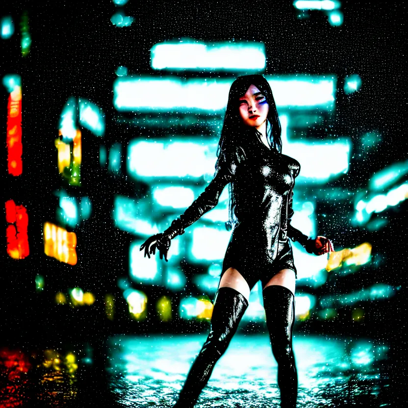 Image similar to a photo close up cyberpunk woman dance in rain, cyberpunk gunma prefecture, midnight, photorealistic, cinematic lighting, highly detailed, bokeh, style by tomino - sama