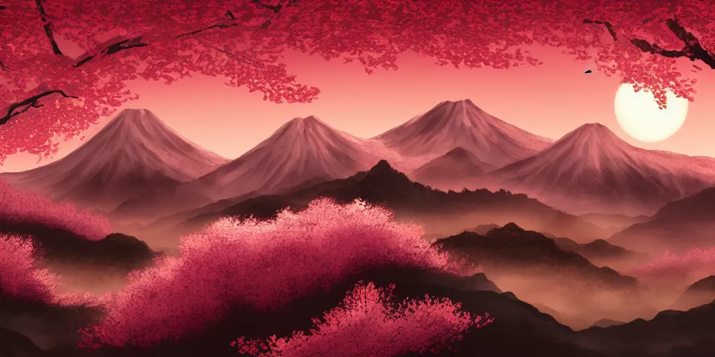 Prompt: japanese ink painting of a blooming cherry blossom forest with mountains in the background and a deep red sun, highly detailed, vivid colors, cinematic lighting, 8 k, trending on artstation