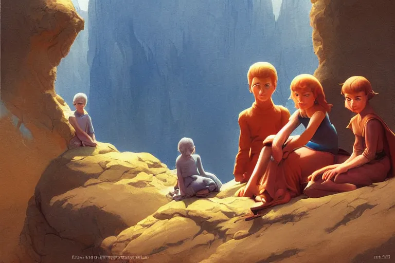 Prompt: beautiful painting of friends, beautiful faces, sitting on the edge, cute, soft light, digital painting by ralph mcquarrie and franklin booth