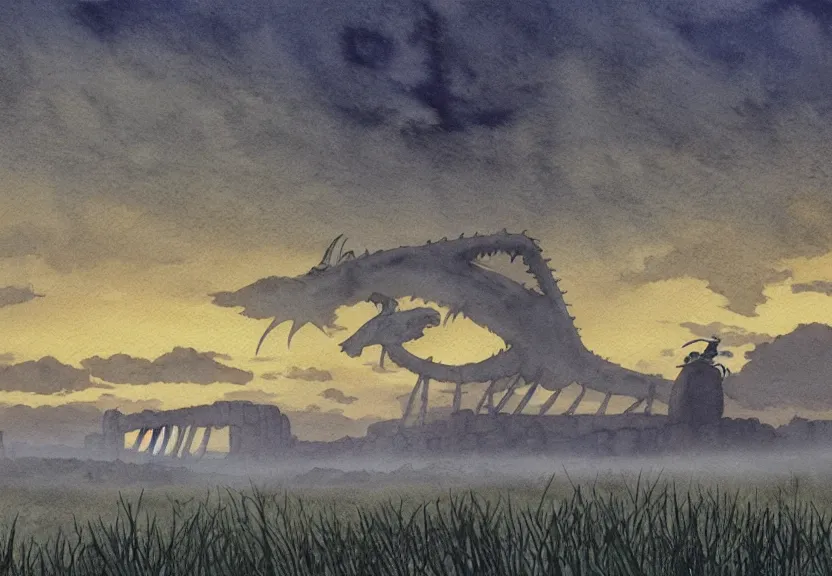 Prompt: a hyperrealist watercolor concept art from a studio ghibli film showing a giant grey mechanized crocodile from howl's moving castle ( 2 0 0 4 ). stonehenge is under construction in the background, in the rainforest on a misty and starry night. by studio ghibli. very dull muted colors