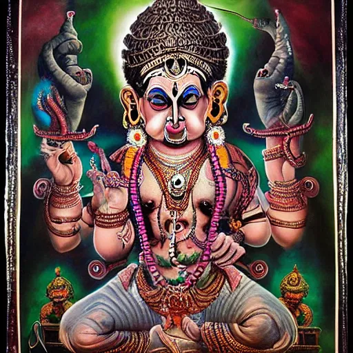 Image similar to hindu gods, airbrush painting by hr giger, intricate detail, exquisite craftsmanship, colorful lighting,