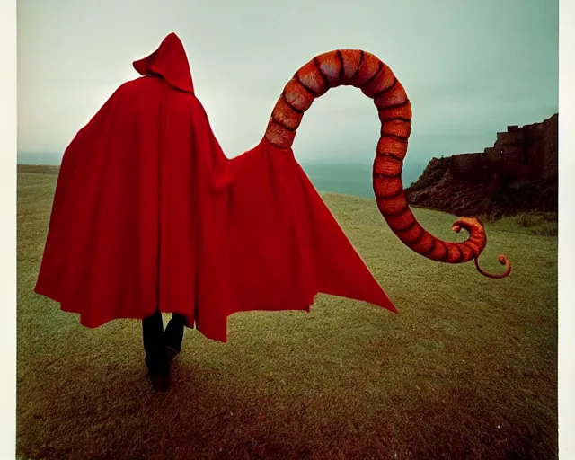 Image similar to by bruce davidson, by andrew boog faithfull redscale photography evocative. a beautiful kinetic sculpture of a horned, red - eyed, skeleton - like creature, with a long black cape, & a staff with a snake wrapped around it, standing in front of a castle atop a cliff.