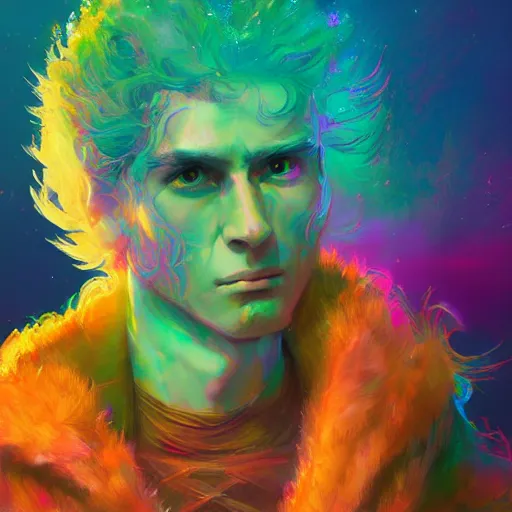 Image similar to a psychedelic young godlike humanoid, hyper detailed, in the style of greg rutkowski and ruan jia and bob ross and lisa frank, selfie