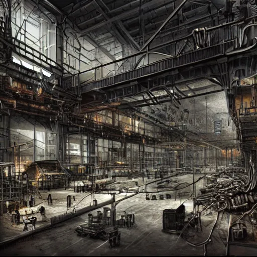 Image similar to immense industrial building interior filled with dark machines of skin bone and wires and arcane devices, hyperdetailed, matte painting