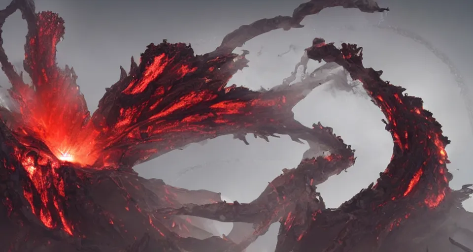 Image similar to a volcano made of ivory vines and crimson rocks enters in eruption, it spits a smoke in the shape of demonic eye, by Blizzard Concept Artists