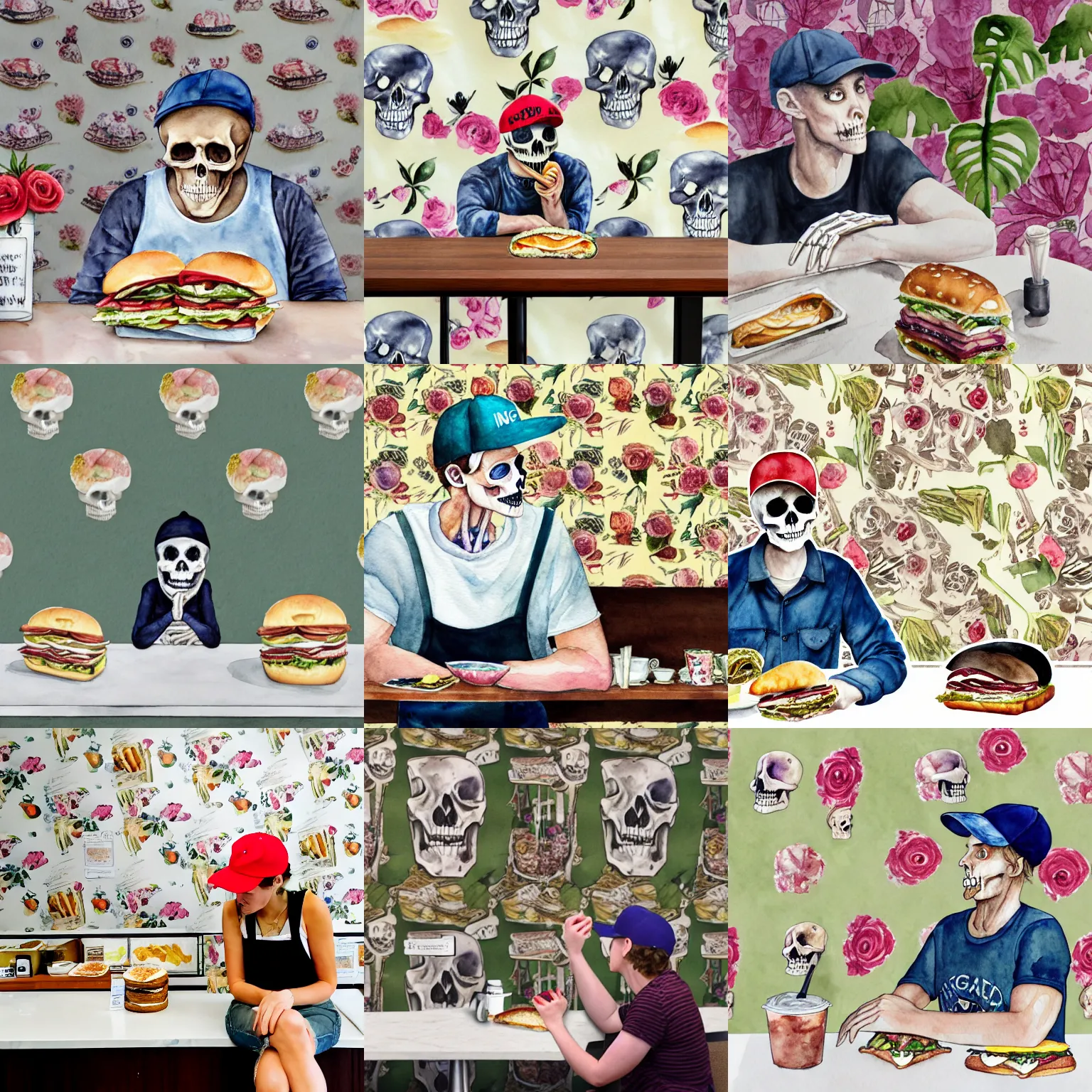 Prompt: watercolor at an eye level view of skeleton, from left hand side, wearing a baseball cap backwards, sitting at the counter of a cafe, holding a sandwiched biting into a sandwiche. in the background is floral wallpaper with iridescent and floral theme.