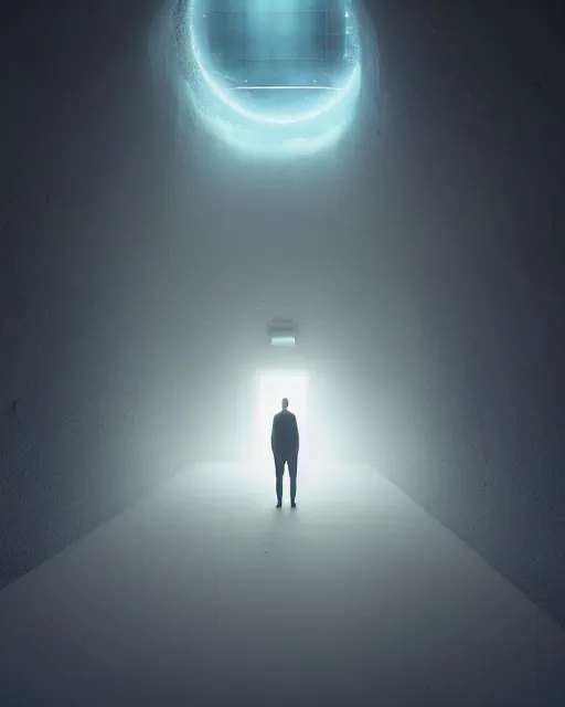 Image similar to a person standing in front of an open door, poster art by mike winkelmann, trending on cg society, space art, sci - fi, ue 5, futuristic, volumetric lighting