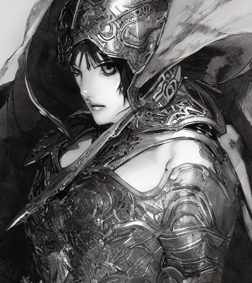 Image similar to anime woman in armor, pen and ink, intricate line drawings, by craig mullins, ruan jia, kentaro miura, greg rutkowski, loundraw