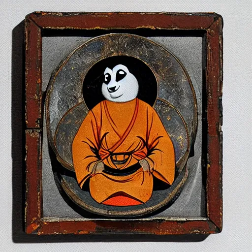 Image similar to a religious icon of kung fu panda with a halo, coal on wood, russia, 1 6 0 0