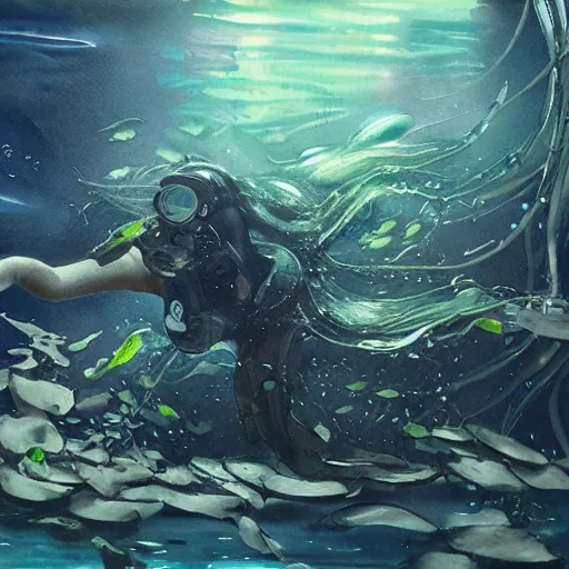 Prompt: woman diving in, an alien aquarium, kelp, coral, solar rays, cyberpunk, realistic, detailed, Industrial Scifi, paint, watercolor, in the style of Ashley Wood and Wadim Kashin
