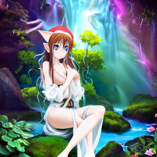 Prompt: beautiful anime elf girl in white goddess garbs sitting in a rock pond with a light waterfall flowing down her body, lush jungle flora in the style of paseri