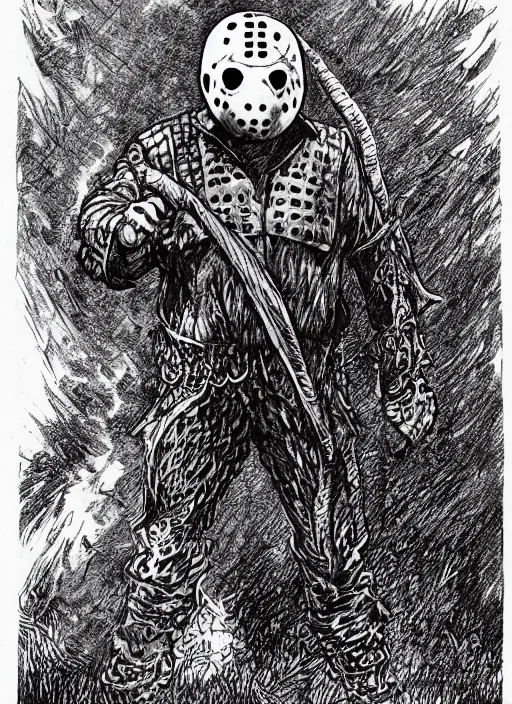 Image similar to Jason Voorhees as a D&D monster, pen-and-ink illustration, etching, by Russ Nicholson, DAvid A Trampier, larry elmore, 1981, HQ scan, intricate details, high contrast