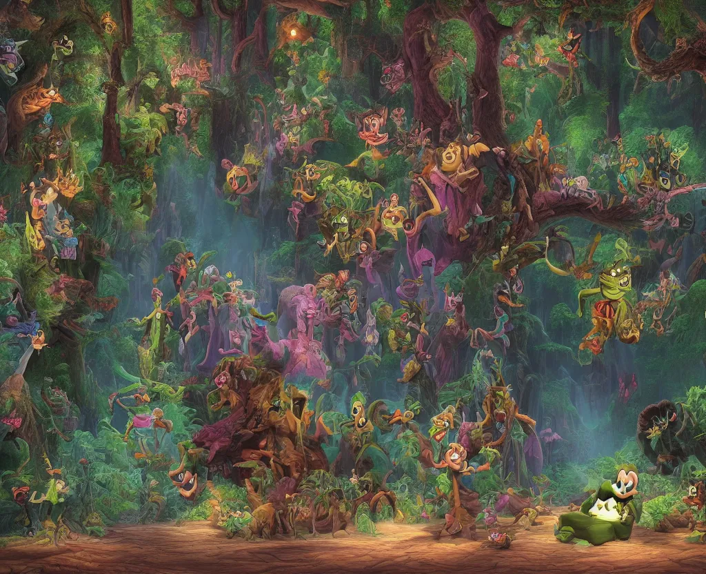 Prompt: Movie frame from the one big edgy Monster Energy drink coloured Disney animated motion picture released in 1937, beautiful enchanted forest full of villainous Monster energy drink critters, directed by Walt Disney energy drink, highly detailed background paintings by Thomas Kinkade