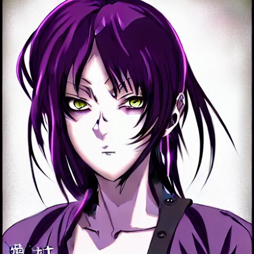 Image similar to style of madhouse studio anime, black lagoon manga, loish, artgerm, comic art, portrait of revy from black lagoon, symmetrical eyes and symmetrical face, jean shorts, white tank top, purple hair, sarcastic evil smirk on face, sky and ocean background