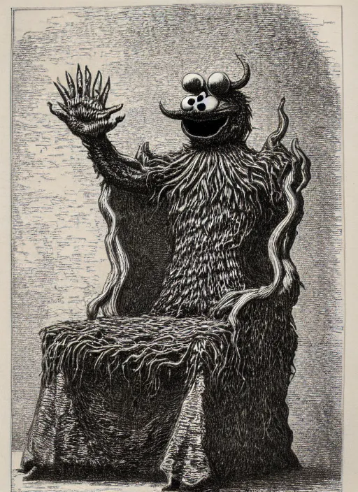 Prompt: cookie monster sitting on a throne, demon from the dictionarre infernal, etching by louis le breton, 1 8 6 9, 1 2 0 0 dpi scan, ultrasharp detail, clean scan