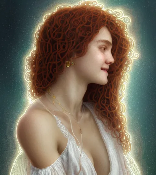 Image similar to portrait of teenage aphrodite, light freckles, curly copper colored hair, smiling kindly, wearing an embroidered white linen dress, lace neckline, intricate, elegant, mother of pearl jewelry, glowing lights, highly detailed, digital painting, artstation, concept art, smooth, sharp focus, illustration, art by wlop, mucha, artgerm, and greg rutkowski