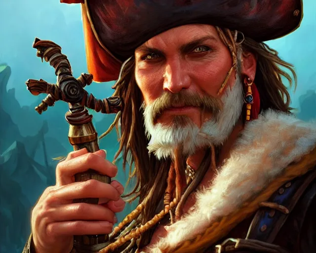 Prompt: close up of an old pirate drinking rum, deep focus, d & d, fantasy, intricate, elegant, highly detailed, digital painting, artstation, concept art, matte, sharp focus, illustration, hearthstone, art by artgerm and greg rutkowski and alphonse mucha