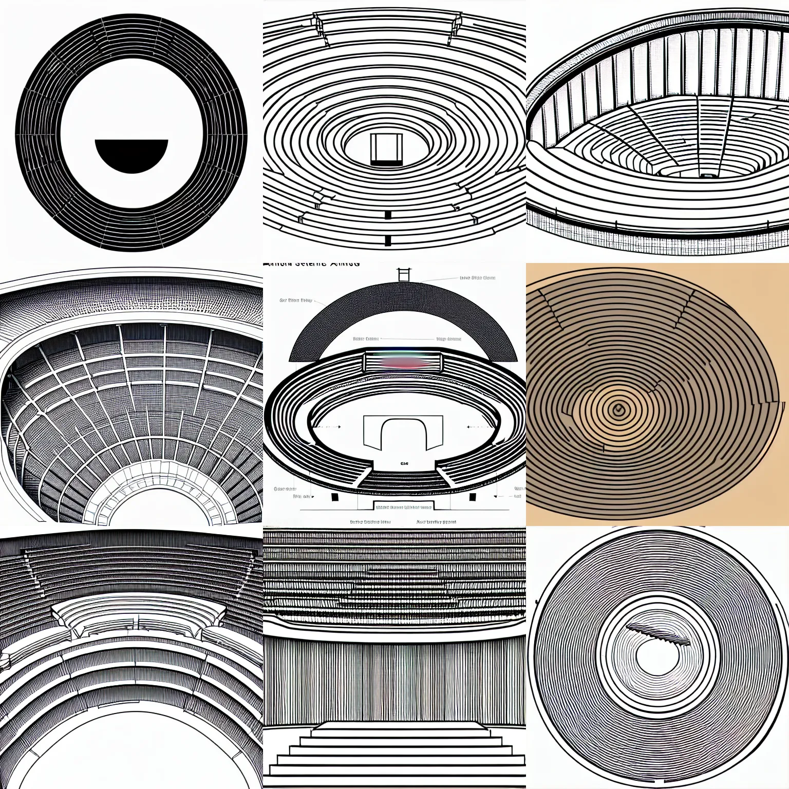 Prompt: a stephen biesty cross - section, simplified smooth shaded ancient amphitheater, precise! vector trace, 3 / 4 wide shot, occlusion, white background