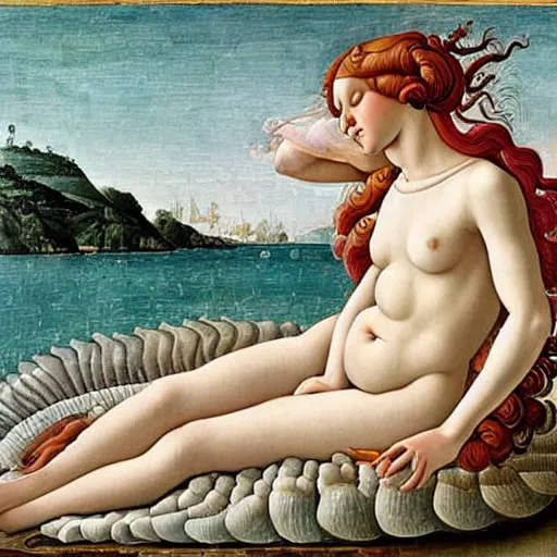 Prompt: an hyperrealistic mythological oil painting of venus with long curly brown hair, full body, wearing pink floral chiton, sleeping on a giant scallop shell, near the seashore, intricate lines, elegant, renaissance style, by sandro botticelli