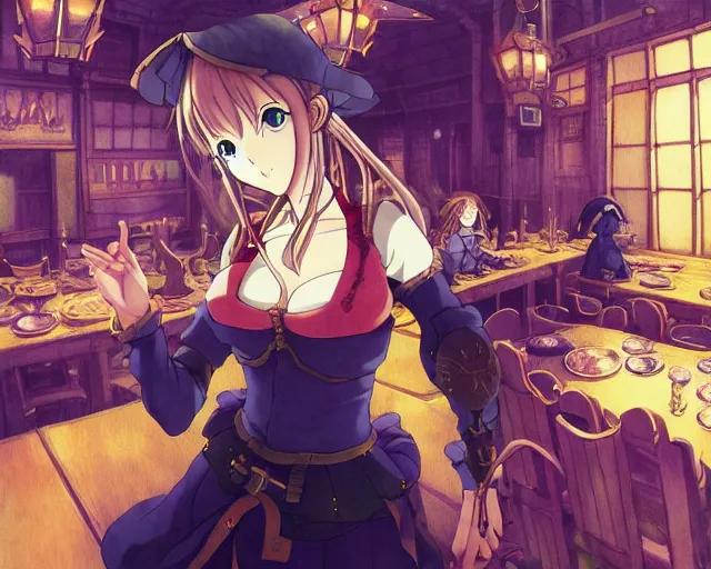 Image similar to anime visual, portrait of a young female in a busy fantasy medieval tavern interior at night, face by yoh yoshinari, murata range, last exile, blue submarine no 6, dynamic pose, dynamic perspective, detailed silhouette, rich texture, seven deadly sins anime, flat, anime cels, matte color, intricate face, fine details