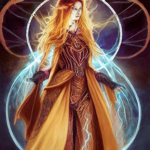 Prompt: a detailed tarot card of a human warlock casting a spell, female, auburn hair with blonde highlights, crackling blue lightning, fantasy, d & d, intricate, elegant, highly detailed, digital painting, artstation, concept art, matte, sharp focus, illustration, in the style of magic the gathering, art by artgerm and greg rutkowski and alphonse mucha