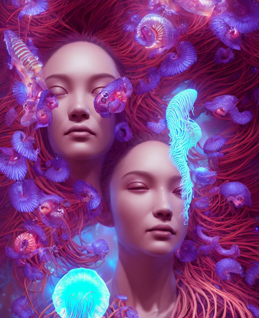 Image similar to goddess close-up portrait. orchid jellyfish phoenix head, nautilus, skull, betta fish, bioluminiscent creatures, intricate artwork by Tooth Wu and wlop and beeple. octane render, trending on artstation, greg rutkowski very coherent symmetrical artwork. cinematic, hyper realism, high detail, octane render, 8k