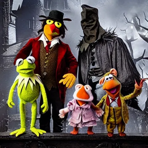 Image similar to the cast of the muppets in bloodborne. gonzo is dressed as eileen the crow. ms. piggy is the plain doll. kermit is dressed as gehrman. fozzy bear is dressed as micolash.