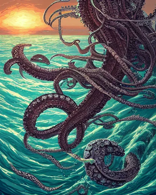 Prompt: An invisible Kraken in the middle of the sea, fantasy art, in the style of Dan Mumford, illustration, epic, fantasy, intricate, hyper detailed, artstation, concept art, smooth, sharp focus, ray tracing