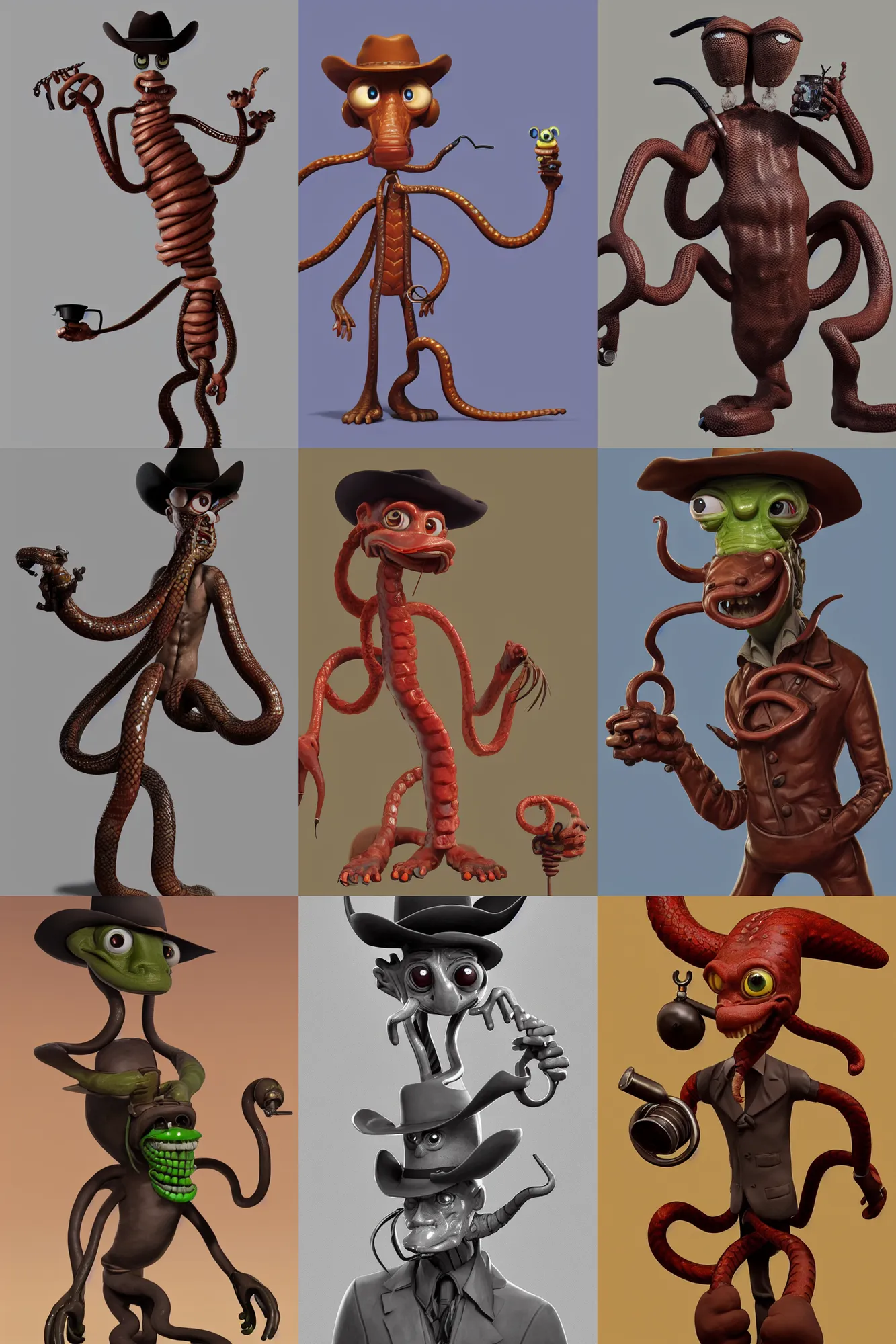 Prompt: anthropomorphic mutant cowboy snake oil salesman, character design by Disney and Pixar, composition by Henri Cartier Bresson, sculpted in zbrush, minimal, Drosera capensis, dystopian, big eyes with eyelashes, piston pumps of oil rig with bull horns, extremely detailed, digital painting, artstation, concept art, sharp focus, illustration, chiaroscuro lighting, golden ratio, rule of thirds, fibonacci