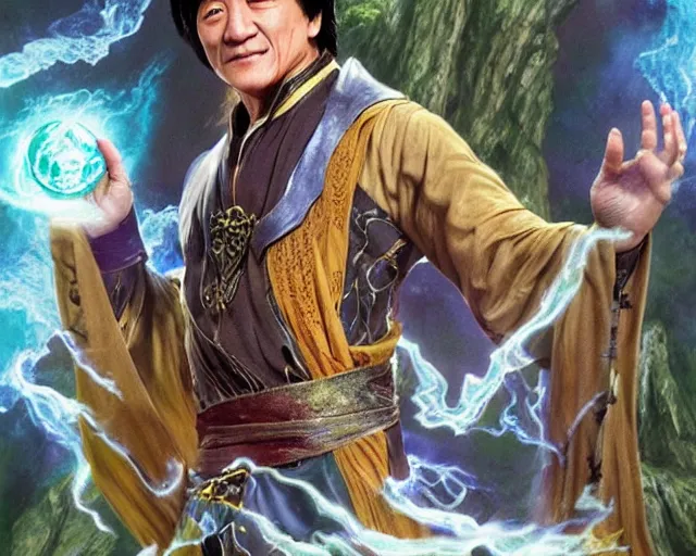 Image similar to jackie chan as an earth mage casting an earth magic spell, fantasy art, d & d, extremely detailed, high quality, award - winning,