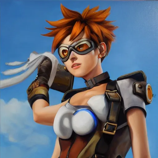 Prompt: oil painting of tracer overwatch in a field wearing large leather belt choker collar around neck, in style of mark arian, expressive face, detailed face, detailed eyes, full body, feminine face, tracer overwatch,