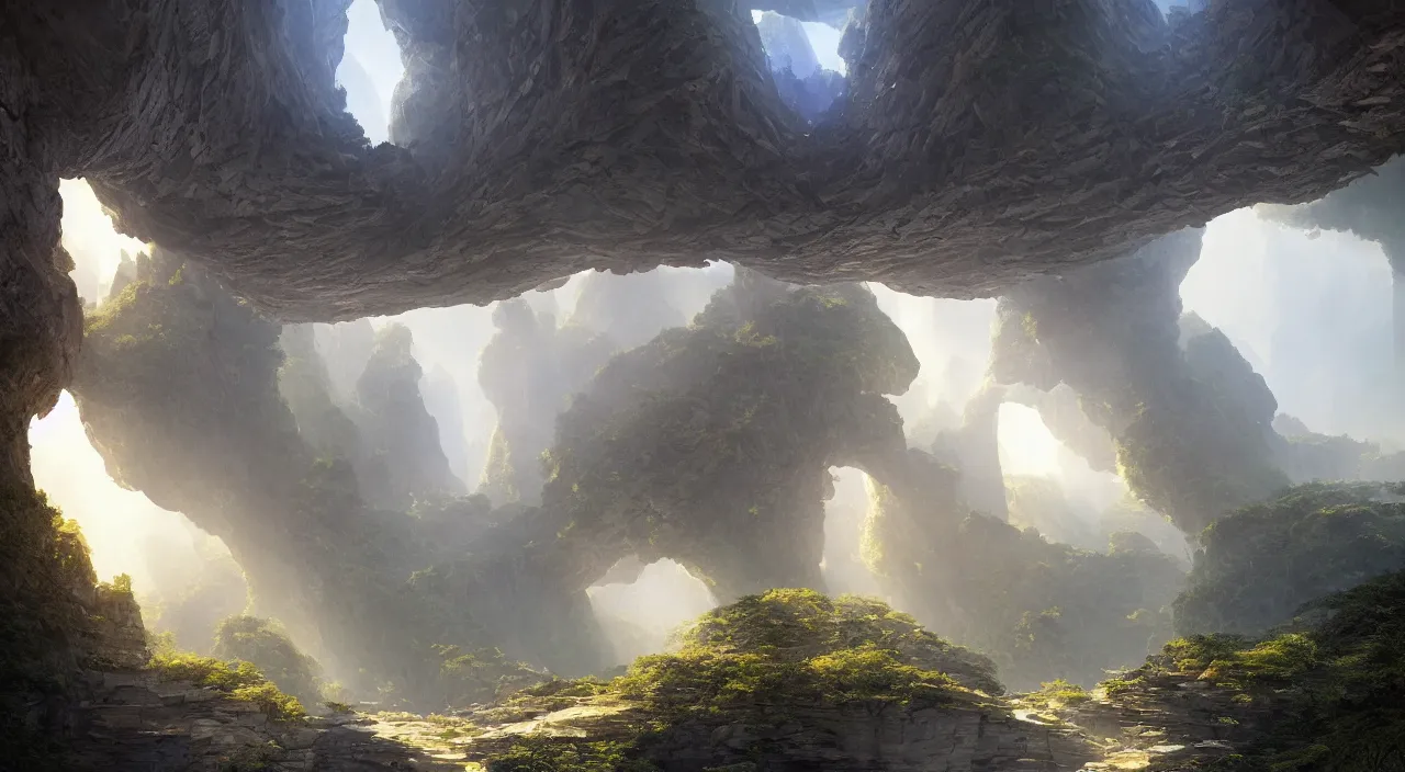 Image similar to parametric cellular tectonic organic biological crystallographic bridging megastructure architecture in a wide canyon landscape, by glenn small, by albert bierstadt, by sparth, hyper realistic, zaha hadid, god rays, volumetric lighting, detailed, extremely intricate, raytrace, octane, light fog, keyshot