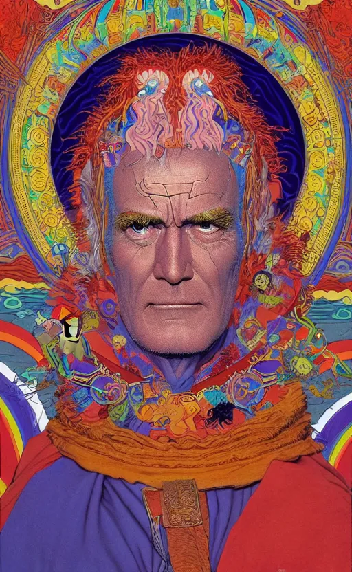 Image similar to a wickedly hilarious jean giraud work of art of timothy leary in the style of a renaissance masters portrait, mystical and new age symbolism and tibetan book of the dead imagery