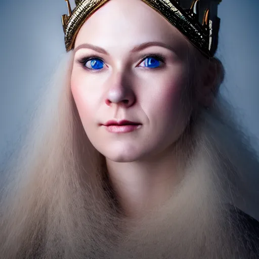 Prompt: head shot photo of a real-life beautiful nordic queen, highly detailed, volumetric lighting