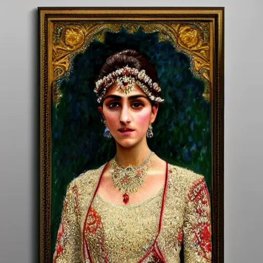 Prompt: full body portrait of a beautiful Kurdish bride wearing a beautiful wedding dress, very detailed eyes, hyperrealistic, beautiful and symmetrical face, very detailed painting by Claude Monet and Alphonse Mucha, trending on artstation, extremely high detail, incredibly intricate