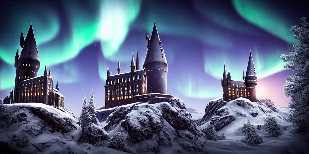 Prompt: “Hogwarts School of Witchcraft and Wizardry with the norther lights in the background. Octane render, 4k, 8k, unreal 5, very detailed, hyper control-realism, trending on artstation.”