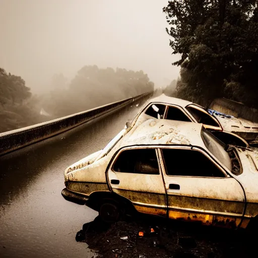 Prompt: Shot from below, cascading abandoned cars left behind on a bridge, in a town filled with pale yellow mist. Thick black smoke in the background. Dystopian. End of the world. Depth of field. Film grain. Documentary photo. Sigma 40mm f/1.4 DG HSM