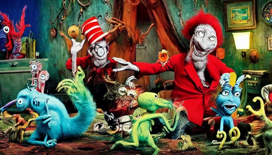 Image similar to full - color cinematic movie still from a live - action “ dr. seuss ” horror film directed by “ guillermo del toro ”. the scene features bizarre whimsical imaginary animals from the story “ if i ran the zoo ”. highly - detailed ; photorealistic ; frightening.