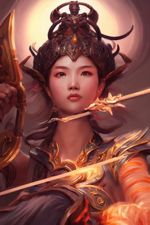 Image similar to a masterpiece portrait of nezha, legendary god holding spear, hero action pose, fantasy character portrait, hyper detailed, digital painting, 8 k realistic, trending on artstation, sharp focus, dof, by fenghua zhong, artgerm, ne zha from smite, tsuyoshi nagano, phonenix in background