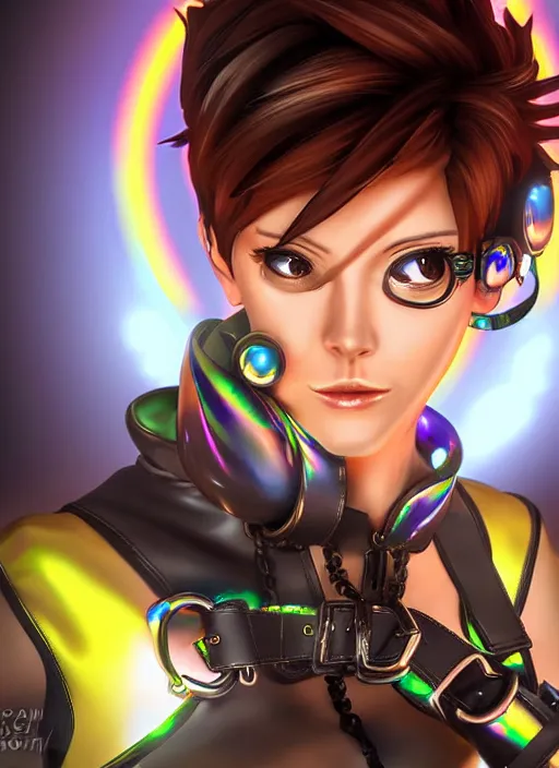 Image similar to portrait bust digital artwork of tracer overwatch, wearing iridescent rainbow latex and leather straps catsuit outfit, in style of mark arian, angel wings, wearing detailed leather collar, chains, black leather harness, detailed face and eyes,