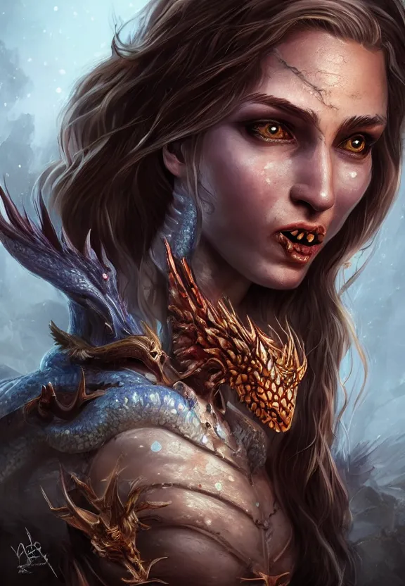 Prompt: The Child of a Beautiful Woman and a Dragon, demigod, beautiful, artstation, character design 4k, 8k, realistic, scales, fangs, girl, woman, detailed, hard, portrait, studio lighting