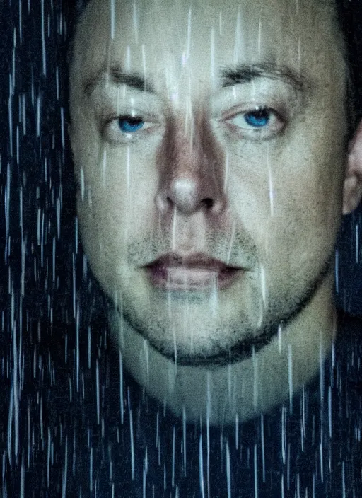 Image similar to dark photo of dark blue rainy bedroom window at night, dimly lit creepy face of elon musk staring in through the window, horror, scary face,